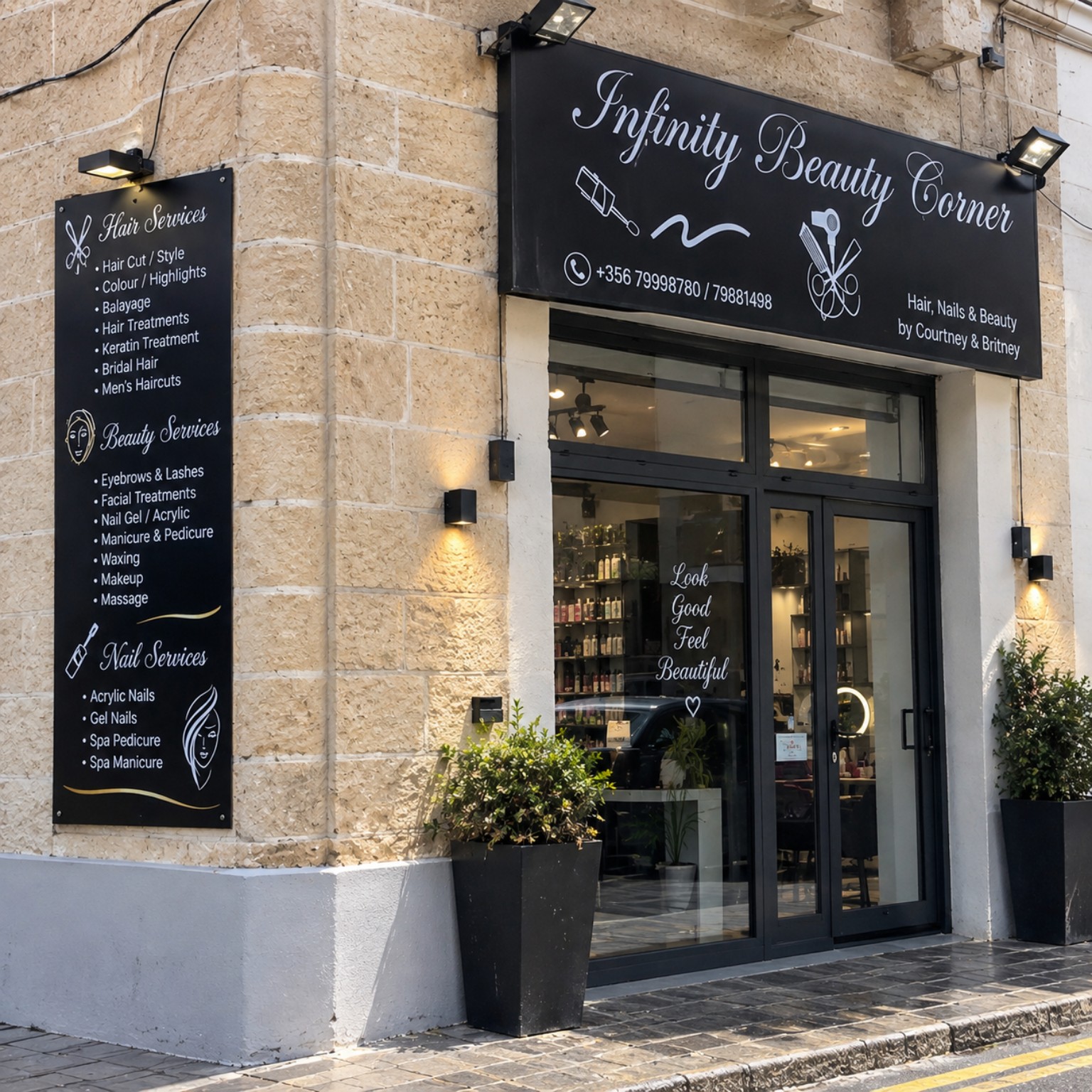 Infinity Beauty Corner storefront signage completed by PXL