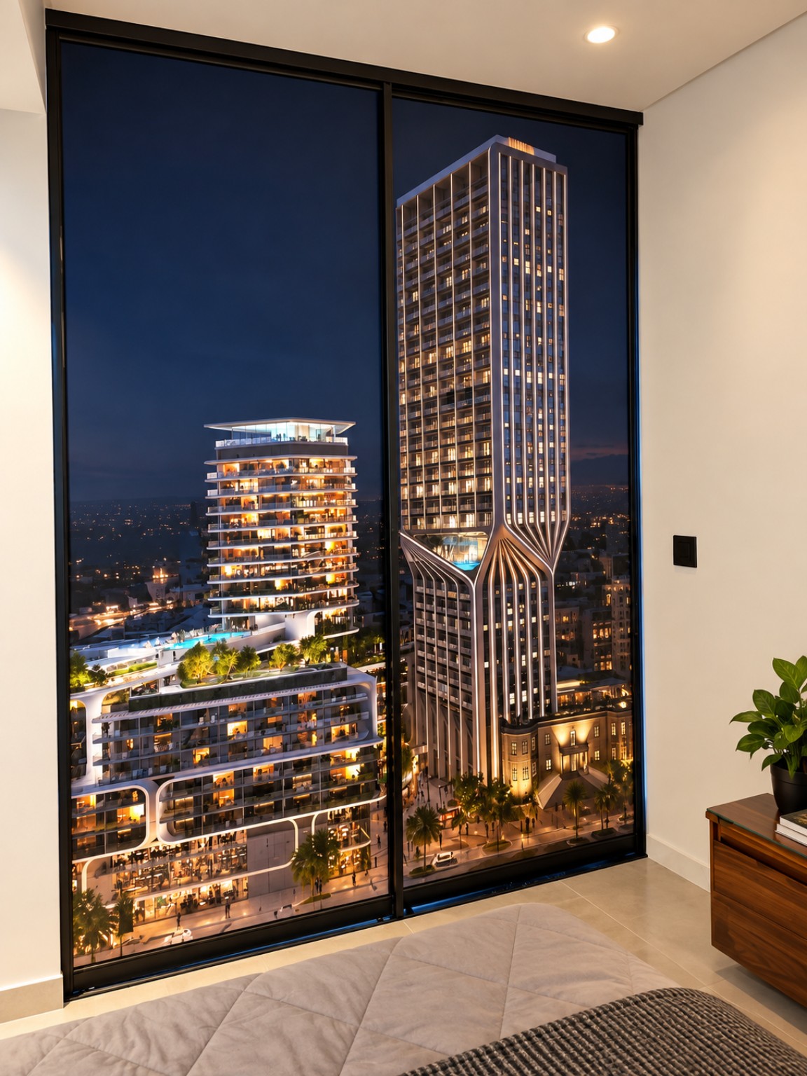 Floor-to-ceiling window graphic installation featuring an architectural cityscape completed by PXL