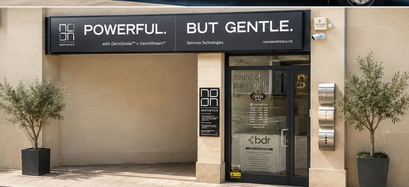 Noon Aesthetics illuminated storefront signage and window graphics completed by PXL